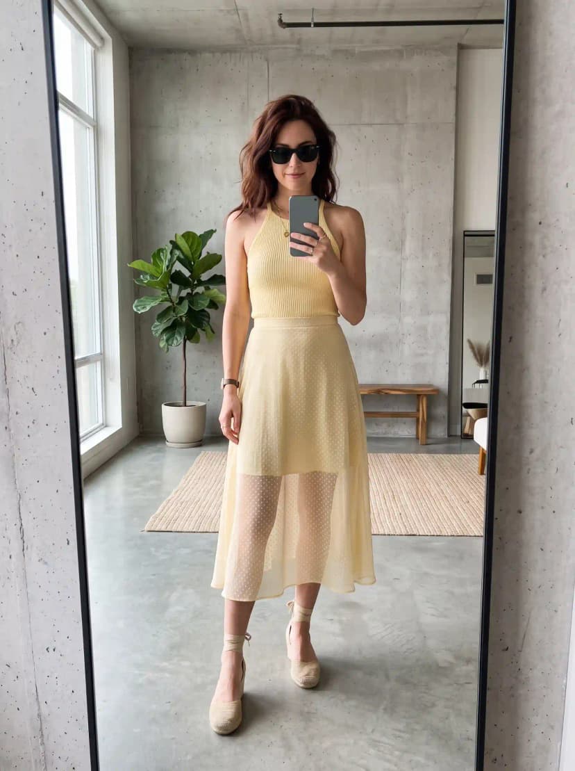 Yellow Ribbed Halter Top + Yellow Polka-Dot Midi Skirt