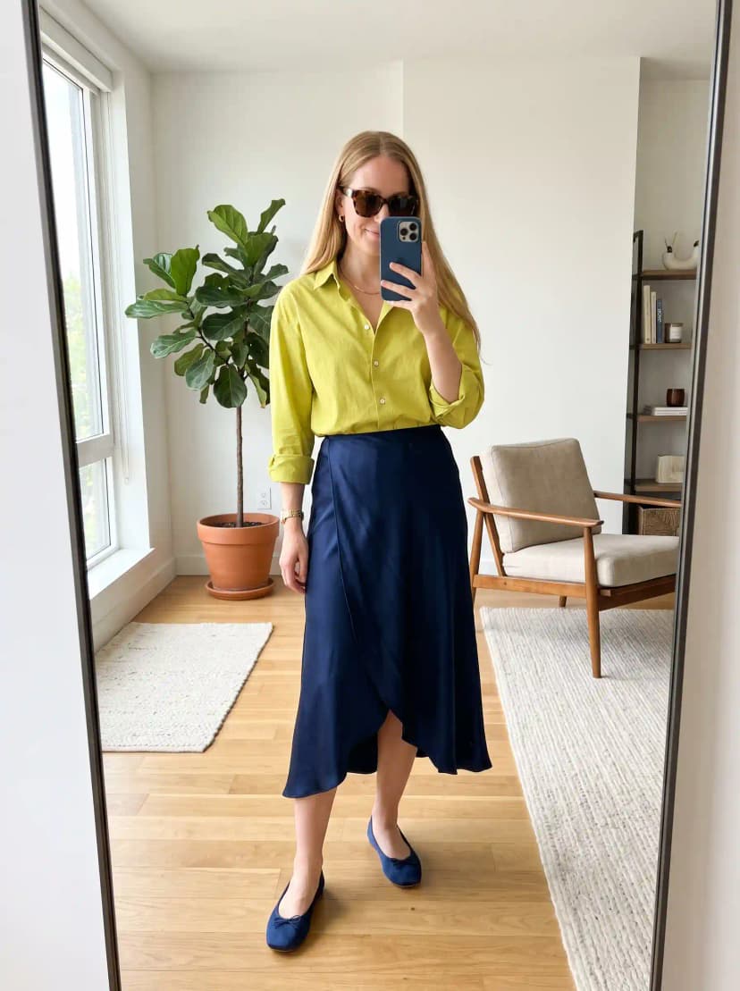 Lime Green Button-Down Shirt + Navy Tulip Wrap Midi Skirt