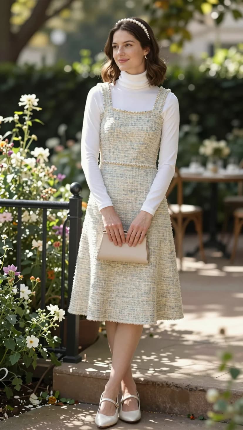 White Turtleneck + Pastel Tweed Pinafore Dress + Champagne Mary Janes