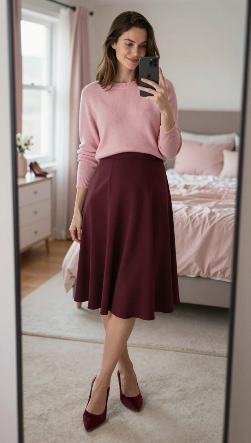 Pink Cashmere Sweater + Burgundy A-Line Midi Skirt + Burgundy Suede Pumps