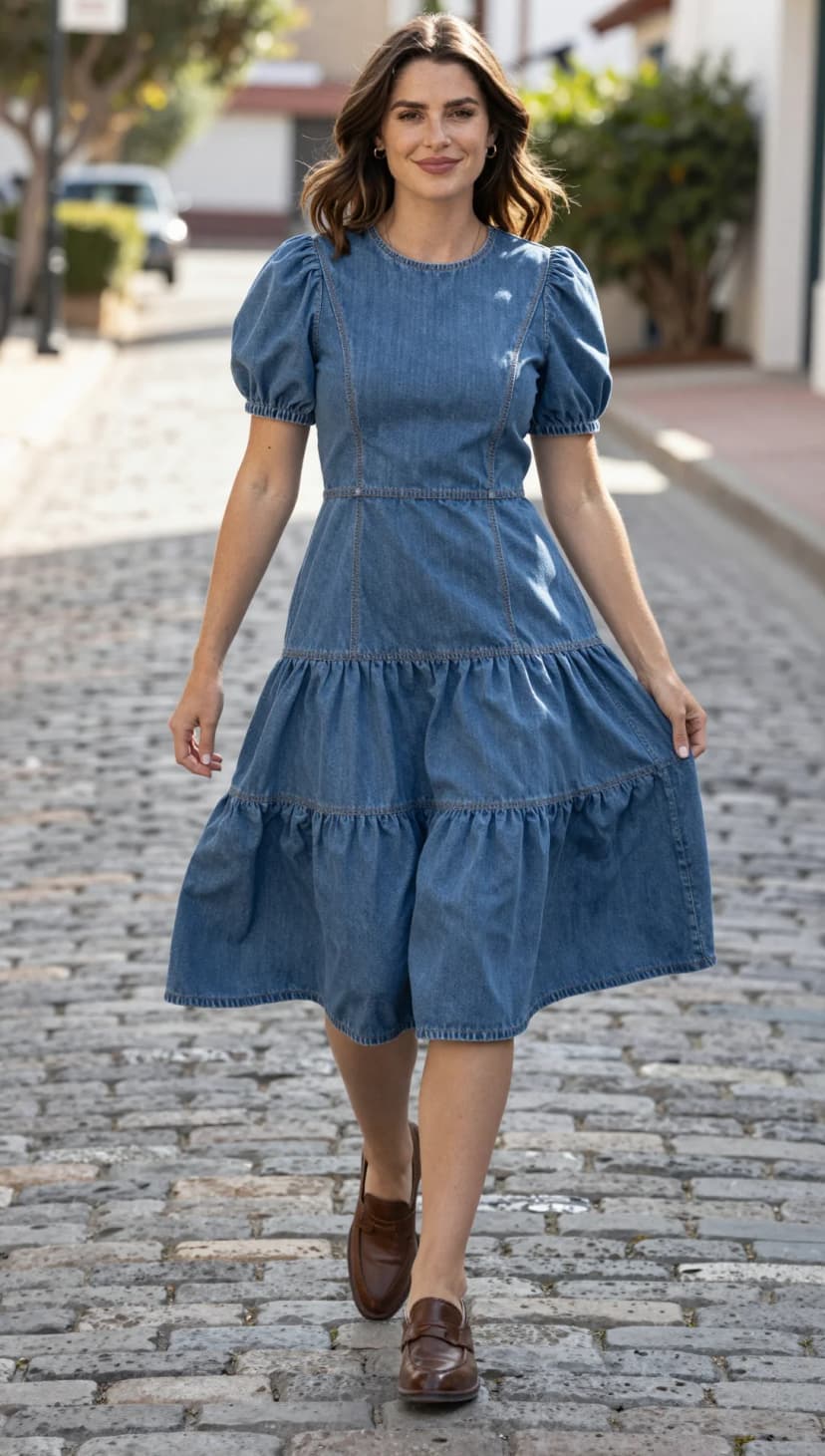 Blue Denim Puff Sleeve Tiered Midi Dress + Brown Leather Loafers