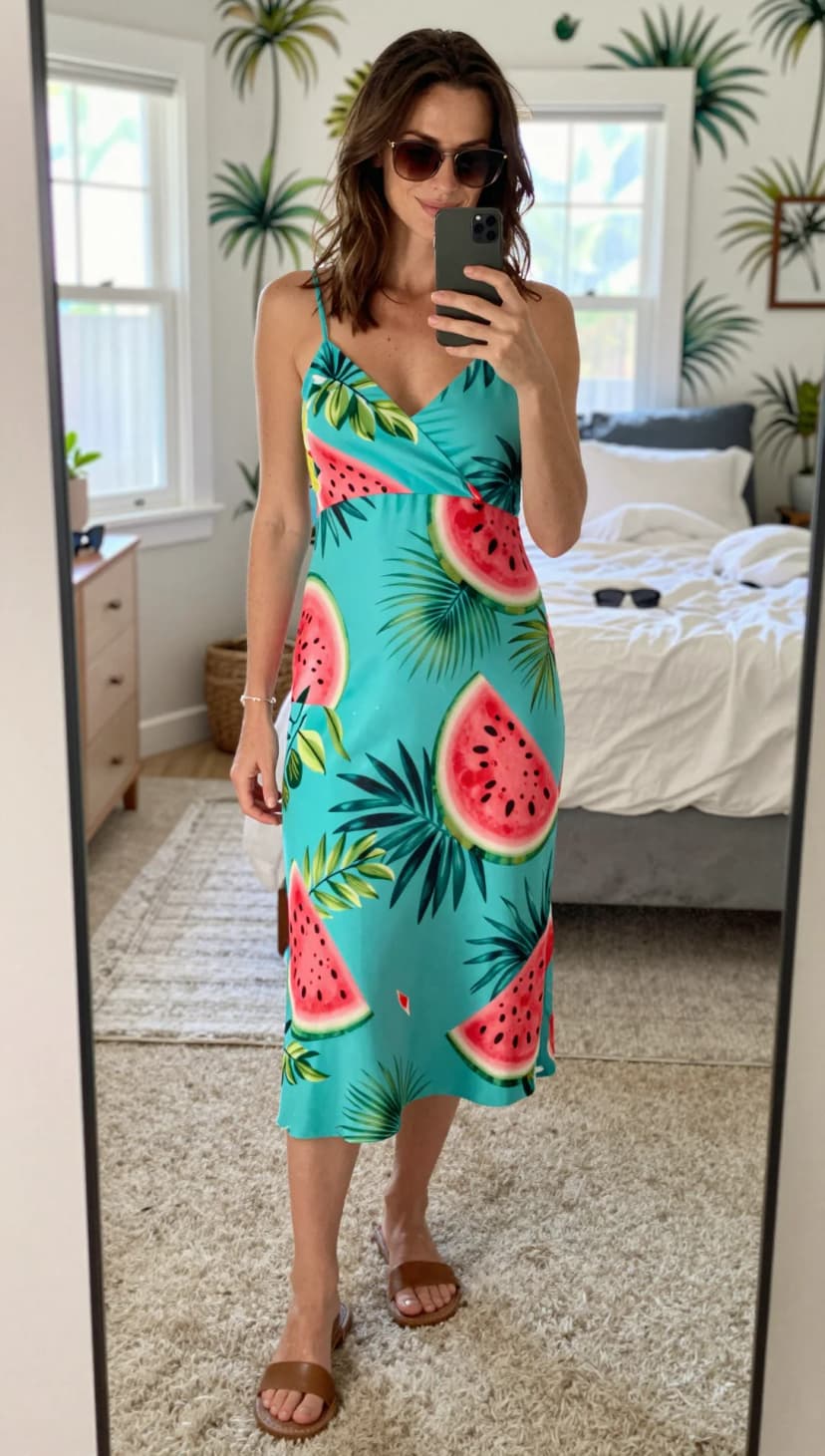 Teal Watermelon Print Midi Dress + Brown Flat Sandals