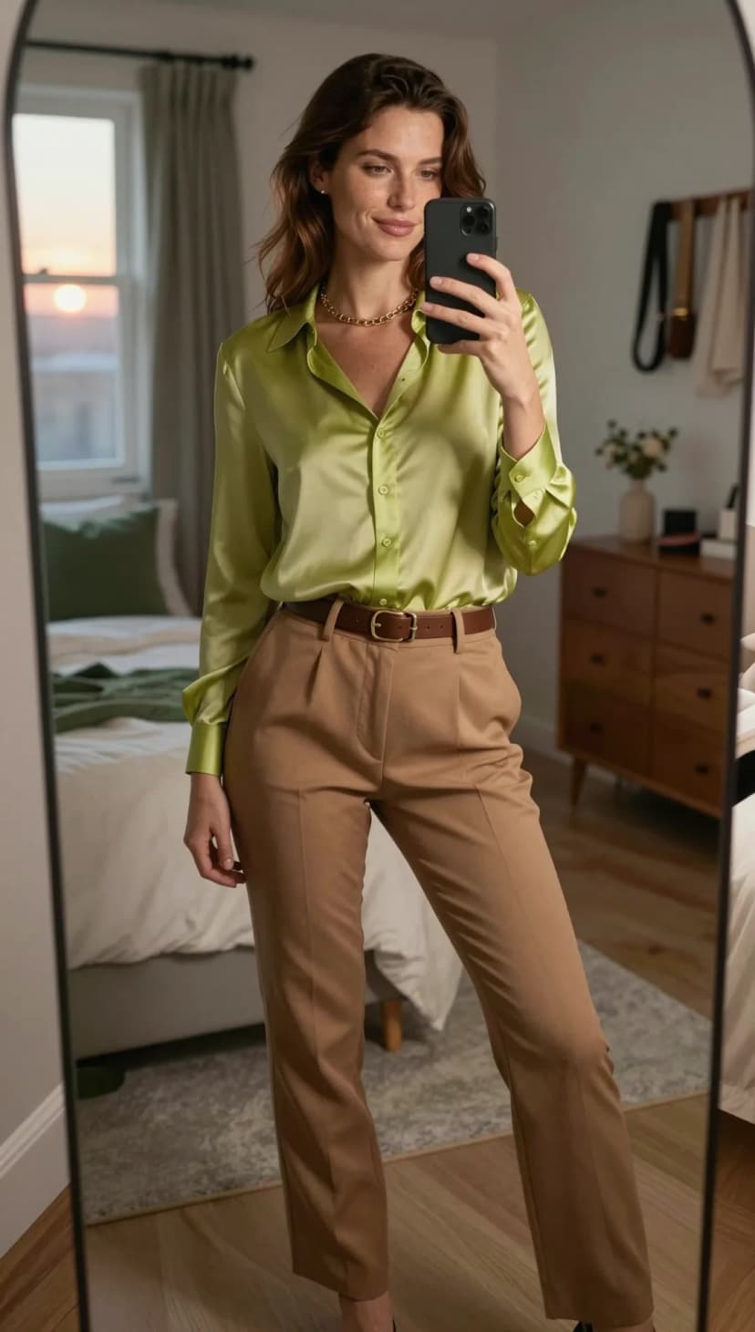Lime Green Silk Button-Up + Tan Tailored Trousers + Brown Leather Belt
