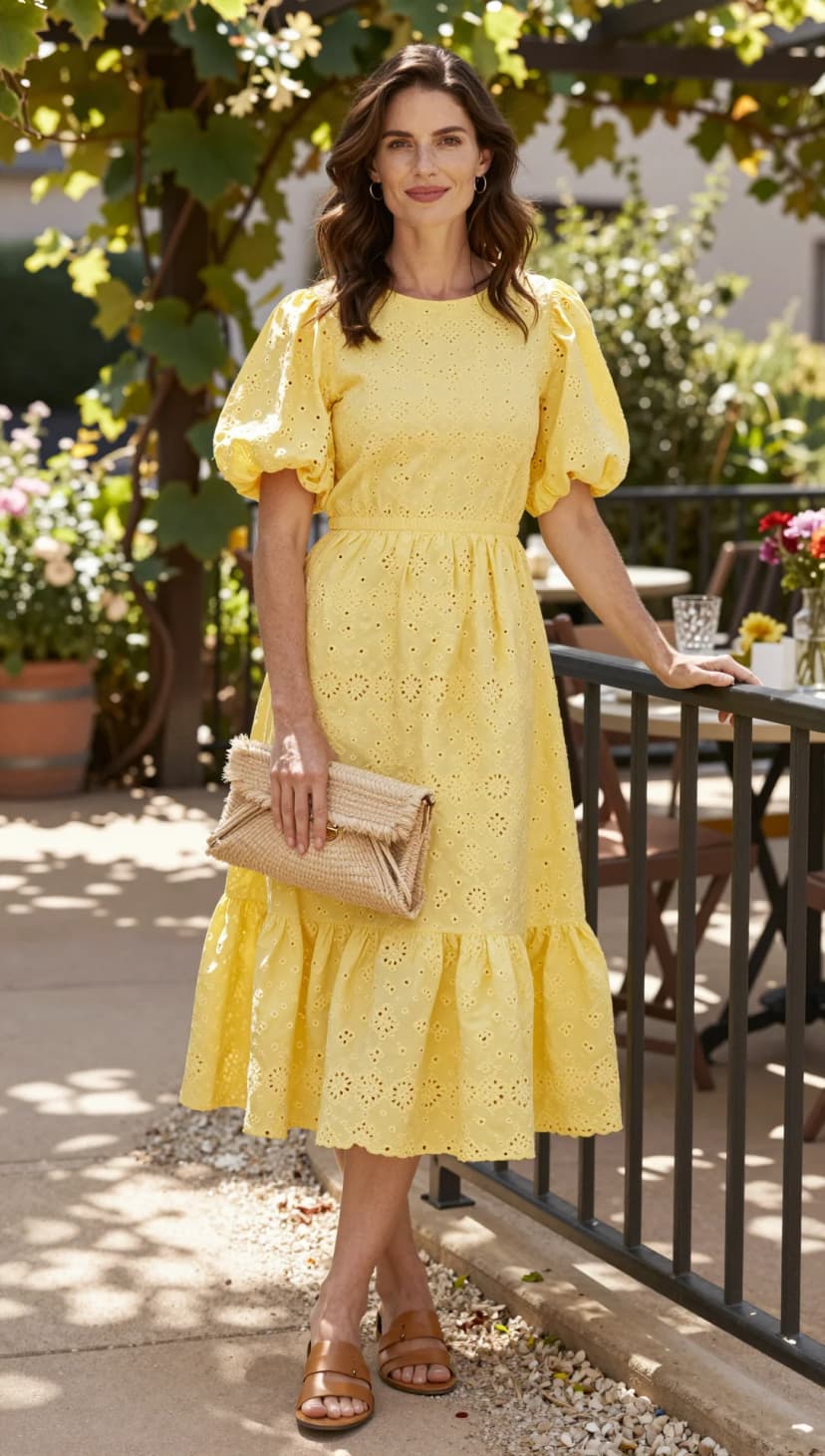 Yellow Eyelet Midi Dress + Tan Leather Slide Sandals + Straw Clutch