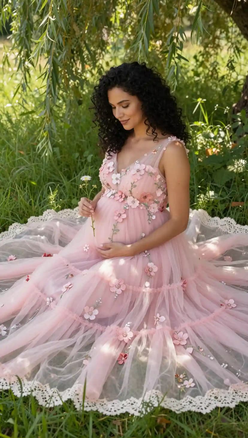 Pink Tulle Gown with Floral Appliqués