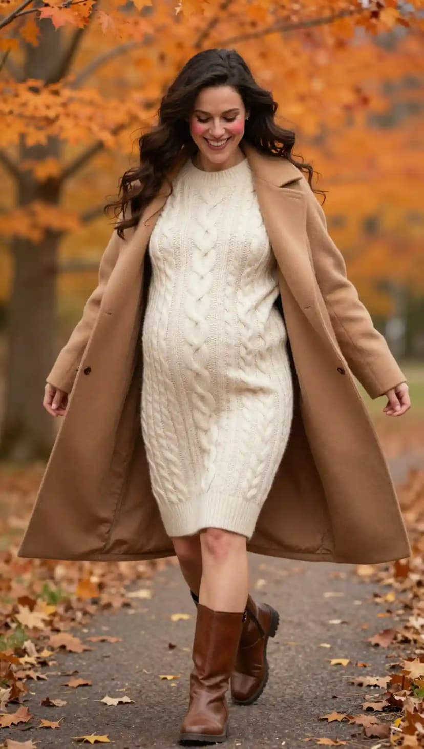 Cream Cable Knit Sweater Dress + Camel Wool Coat + Brown Leather Boots
