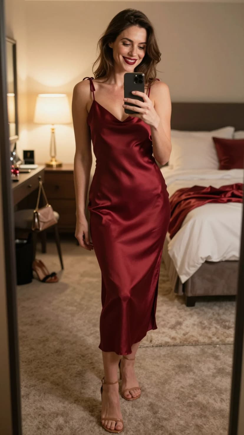 Burgundy Satin Slip Dress + Nude Ankle Strap Heels