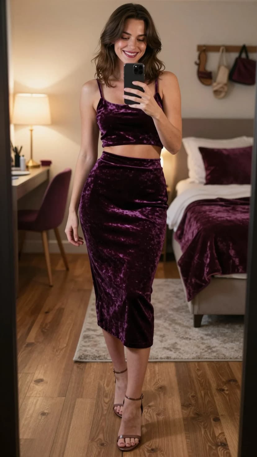 Purple Velvet Crop Top + Purple Velvet Midi Skirt + Taupe Strappy Heels