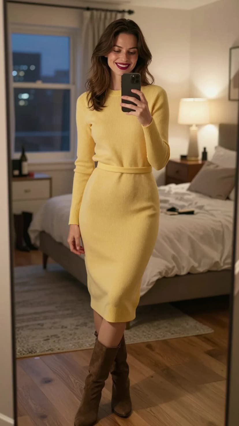 Yellow Ribbed Knit Sweater Dress + Brown Suede Boots