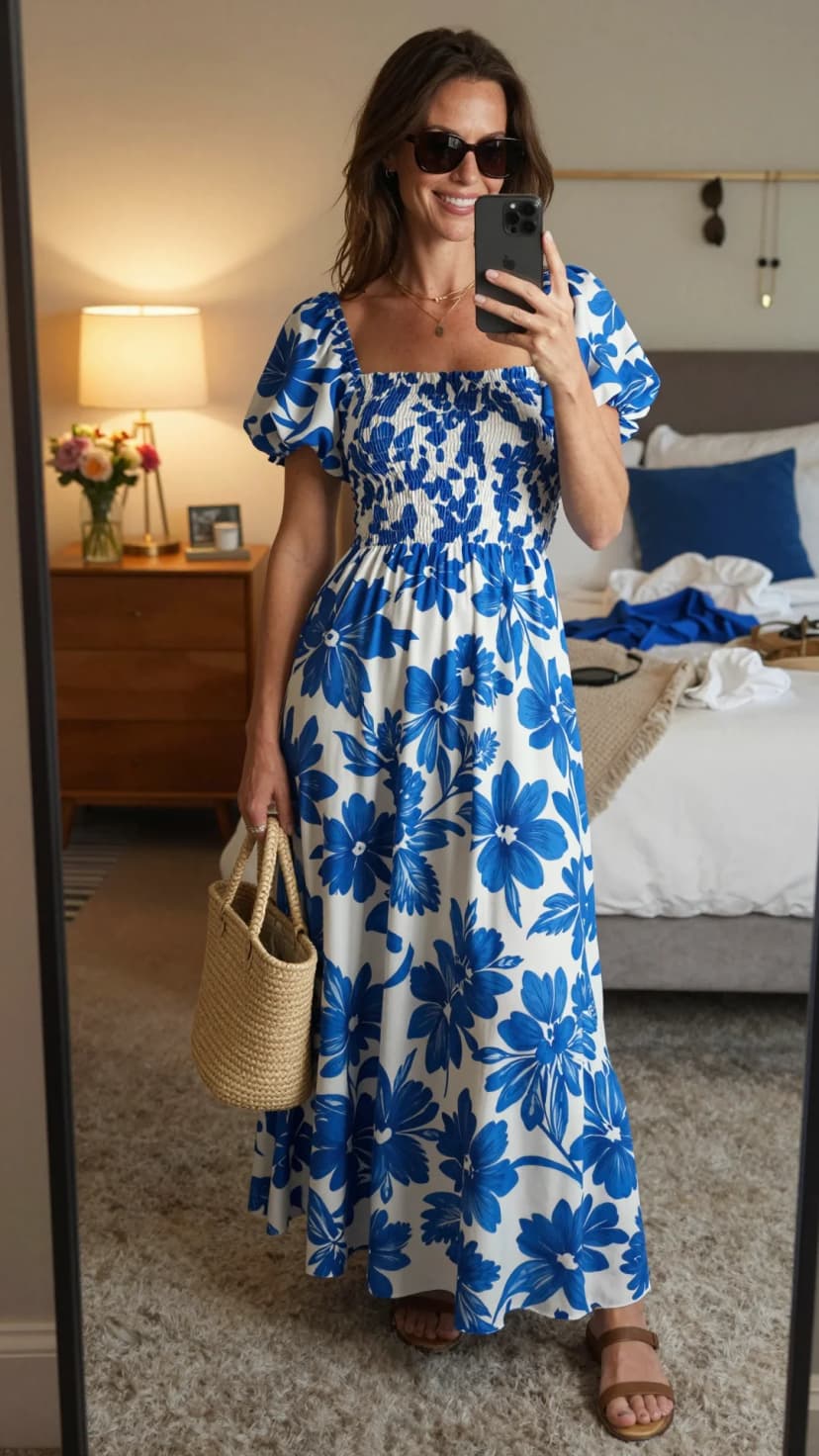 Blue Floral Cotton Maxi Dress + Brown Leather Sandals + Woven Straw Tote
