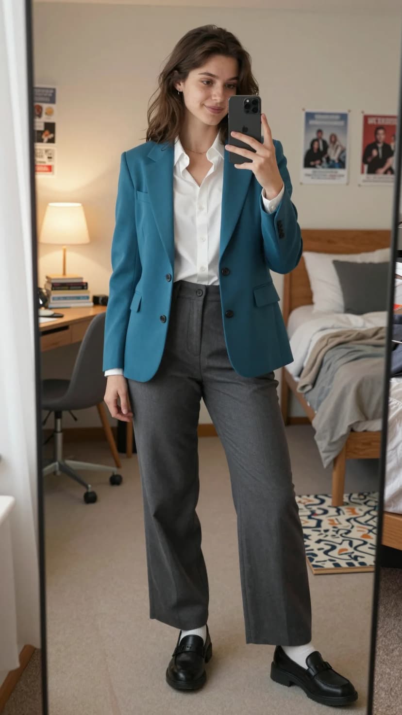 White Button-Down Shirt + Teal Blazer + Grey Trousers + Black Loafers