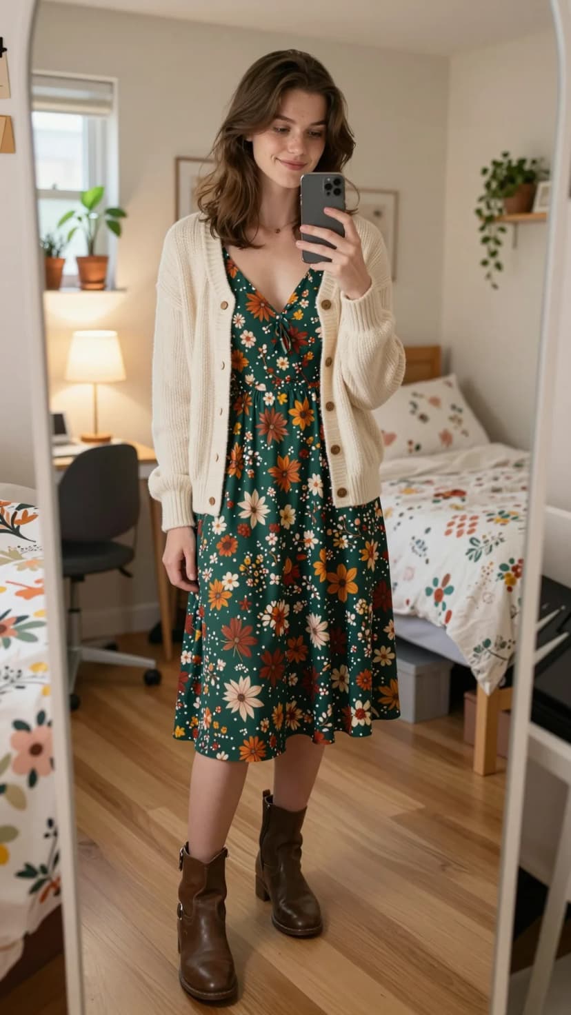 Cream Knit Cardigan + Green Floral Midi Dress + Brown Leather Boots