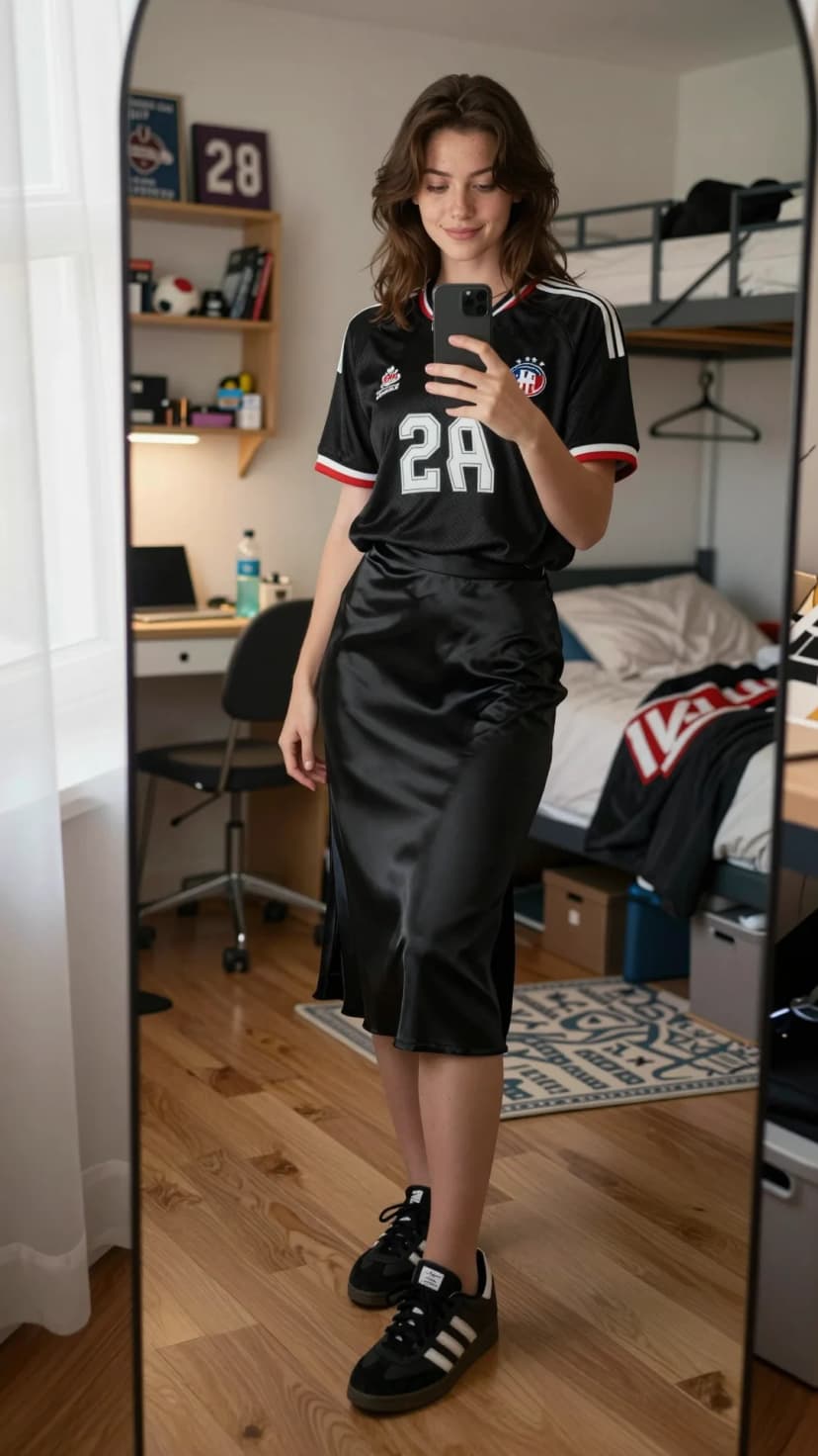 Black Soccer Jersey + Black Satin Midi Skirt + Black Adidas Sambas