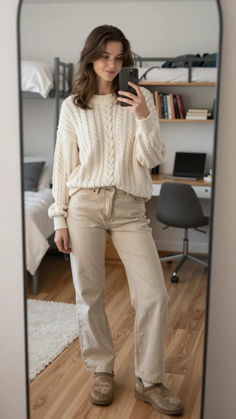 Cream Cable Knit Sweater + Beige Wide-Leg Jeans + Taupe Suede Clogs