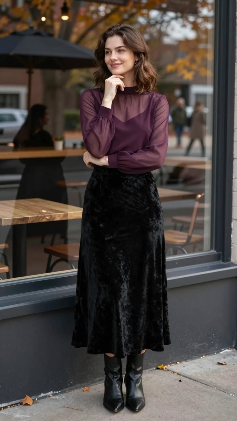 Purple Sheer Mock Neck Top + Black Velvet Midi Skirt + Black Pointed Toe Boots