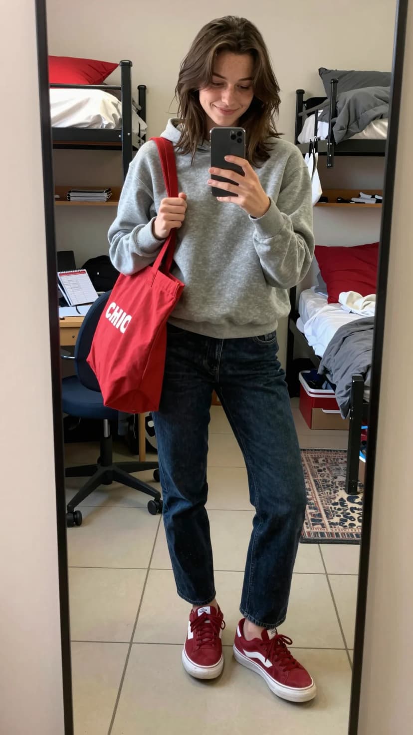 Grey Cotton Hoodie + Dark Wash Denim Jeans + Burgundy Suede Sneakers