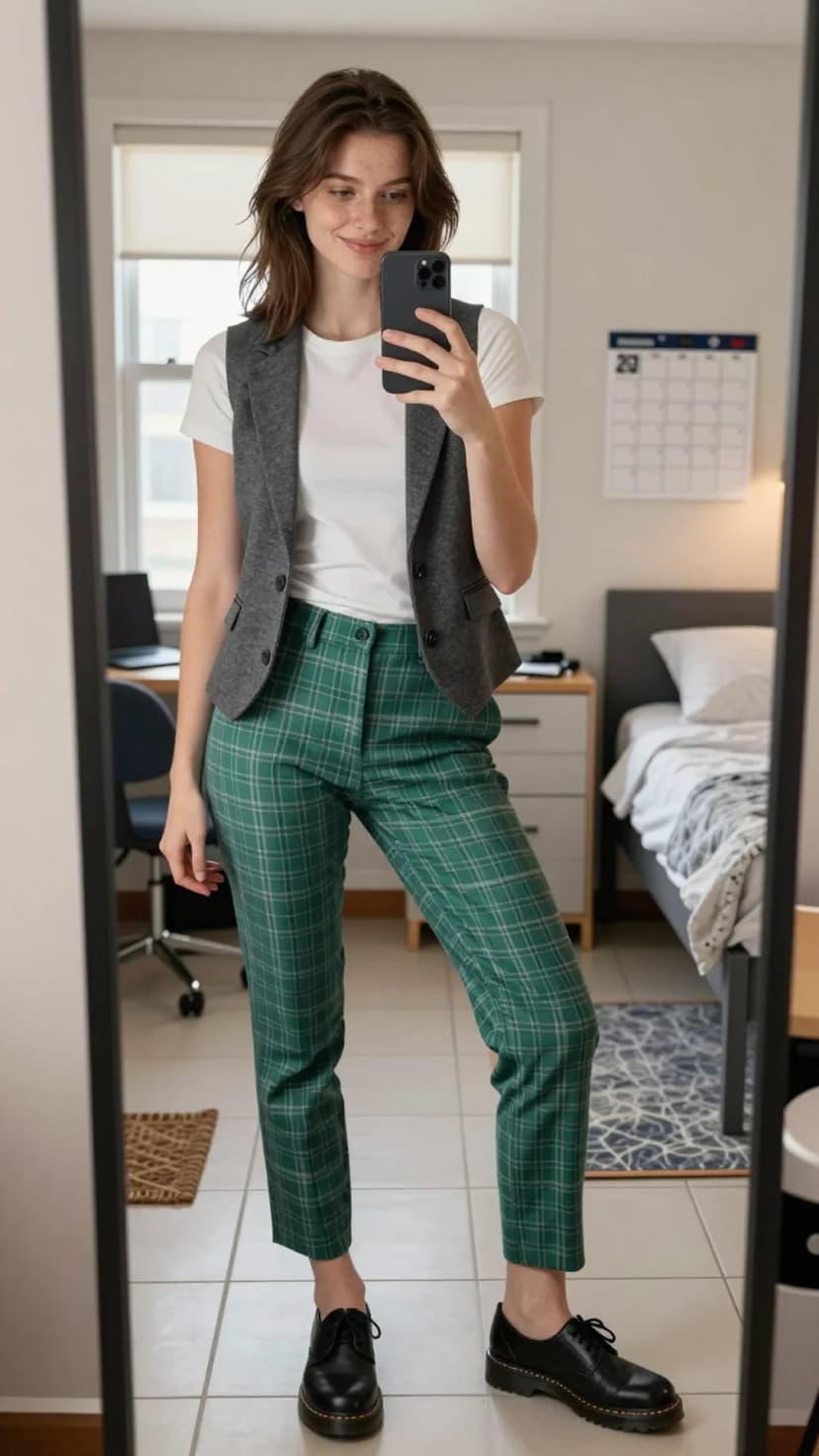 White Cotton T-shirt + Grey Wool Vest + Green Plaid Trousers + Black Leather Oxfords