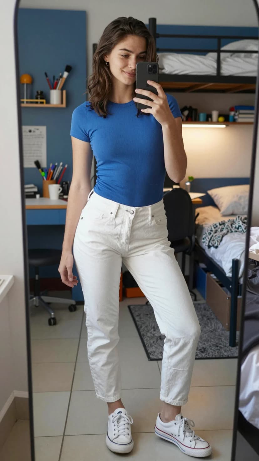 Royal Blue Ribbed Knit Tee + Cream Straight Leg Jeans + White Canvas Sneakers
