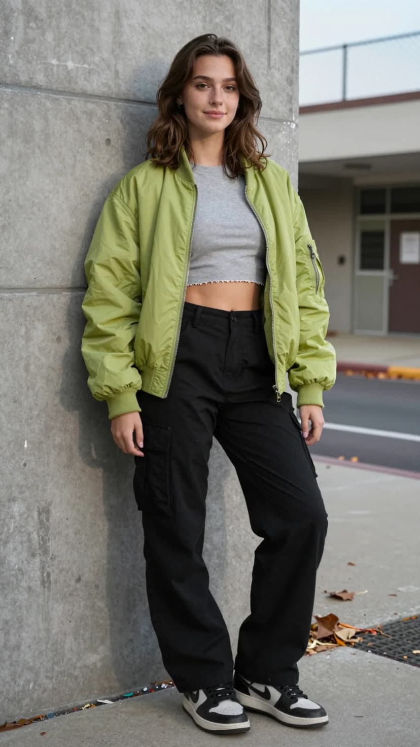 Lime Green Nylon Bomber Jacket + Grey Ribbed Crop Top + Black Cargo Pants
