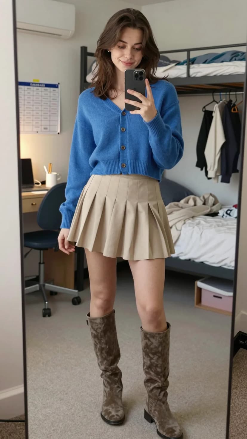 Blue Knit Cardigan + Beige Pleated Mini Skirt + Taupe Velvet Boots