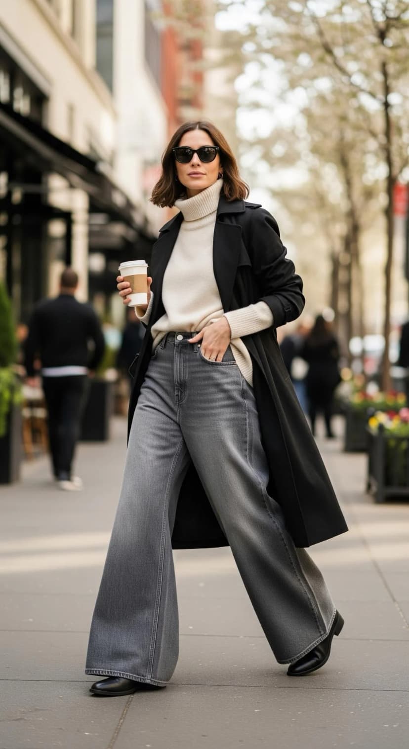 Cream Knit Turtleneck + Grey Wide Leg Jeans + Black Trench Coat