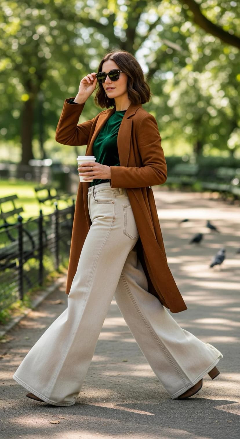 Forest Green Velvet Top + Cream Baggy Jeans + Rust Wool Coat
