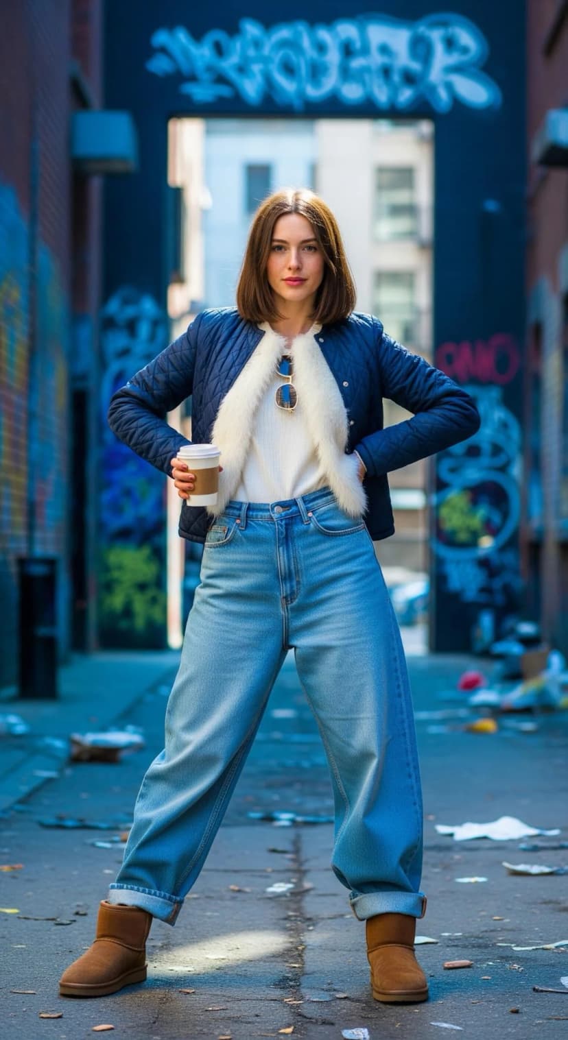 Navy Quilted Jacket + Ivory Fur Stole + Light Wash Baggy Jeans + Chestnut Suede Boots