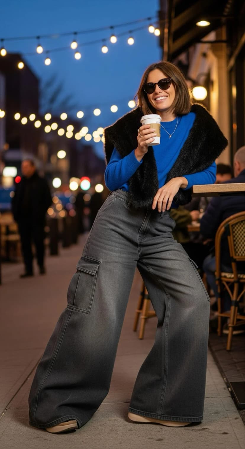 Cobalt Crewneck Sweater + Black Faux Fur Stole + Grey Wash Baggy Jeans
