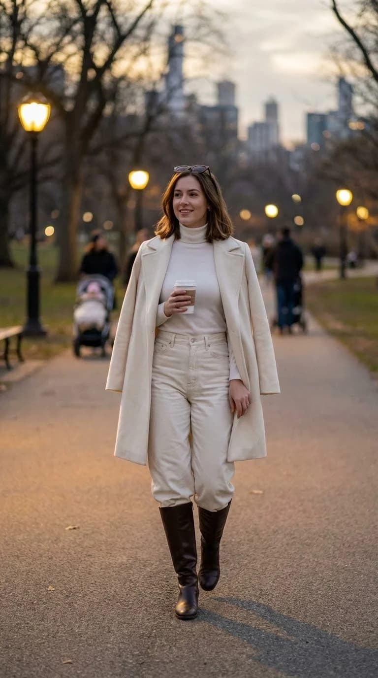 Cream Wool Coat + Cream Turtleneck + Cream Baggy Jeans + Brown Leather Boots