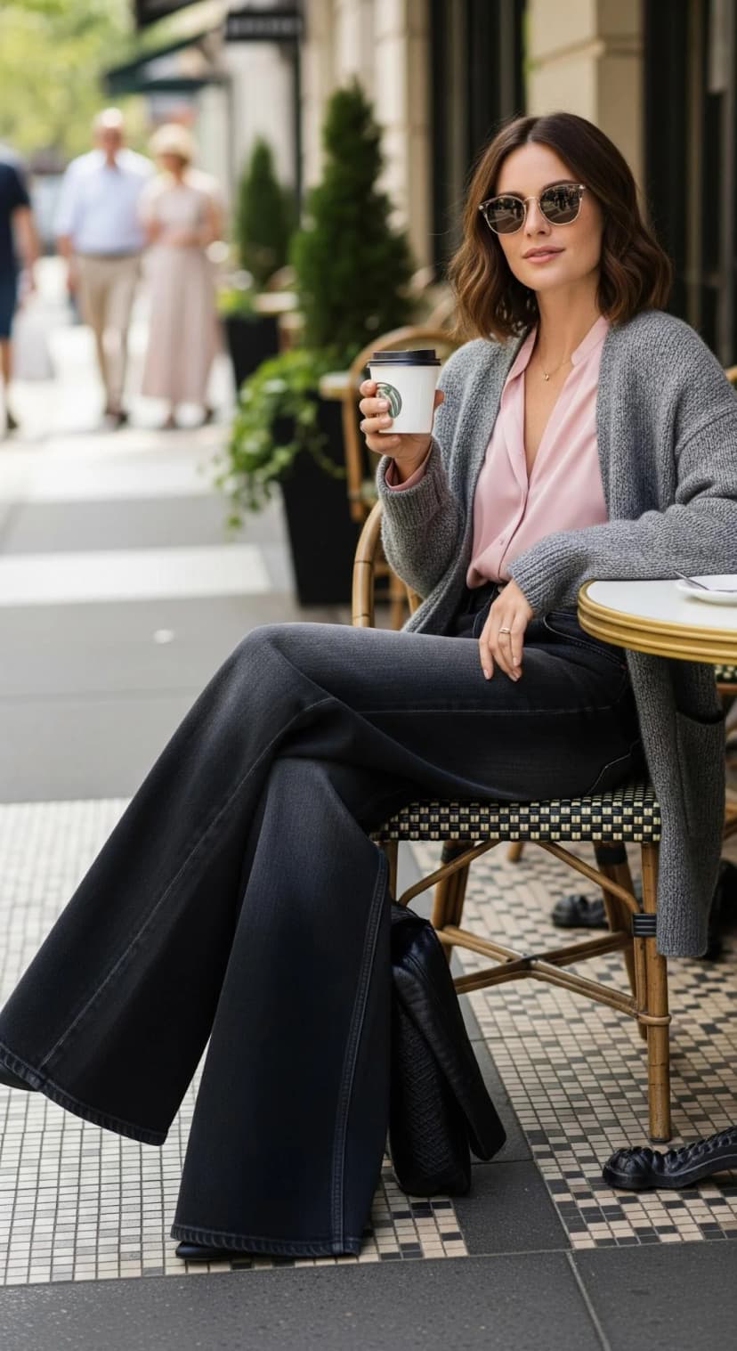 Pink Silk Button-Up + Charcoal Wash Baggy Jeans + Grey Knit Cardigan