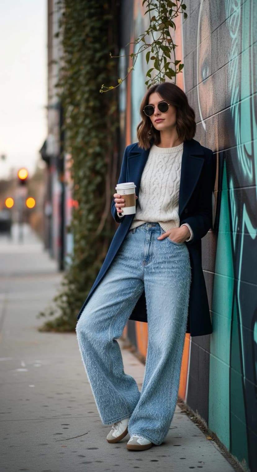 Cream Cable Knit Sweater + Light Wash Textured Jeans + Navy Wool Coat