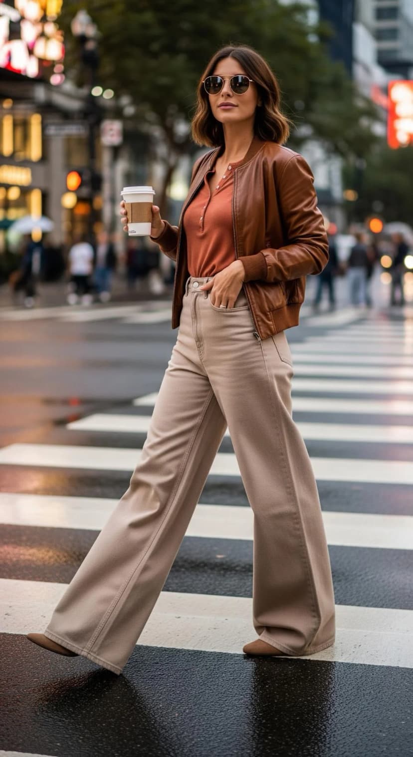 Rust Henley Tee + Beige Baggy Jeans + Cognac Leather Bomber