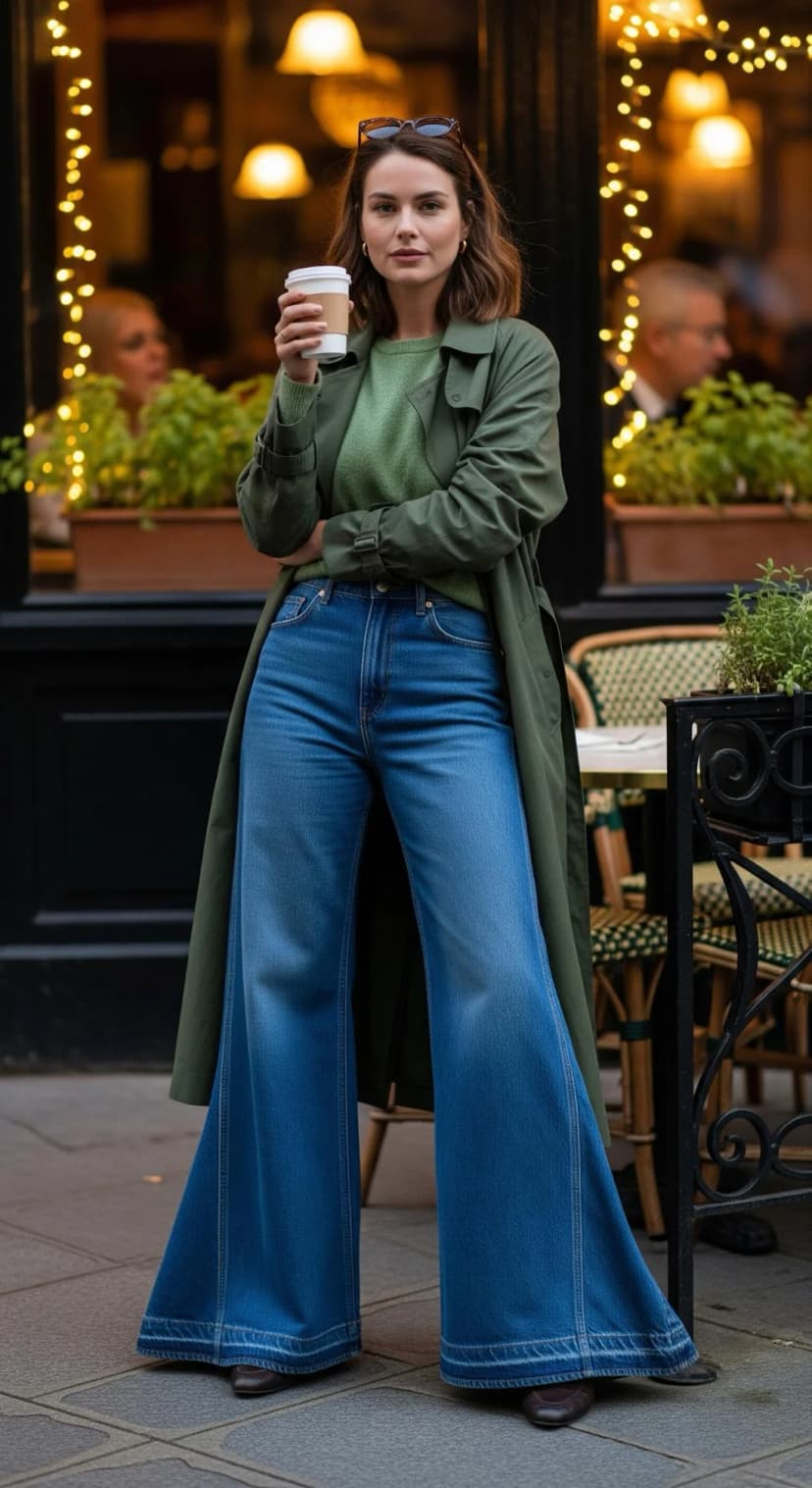 Olive Trench Coat + Olive Knit Sweater + Blue Denim Flare Jeans