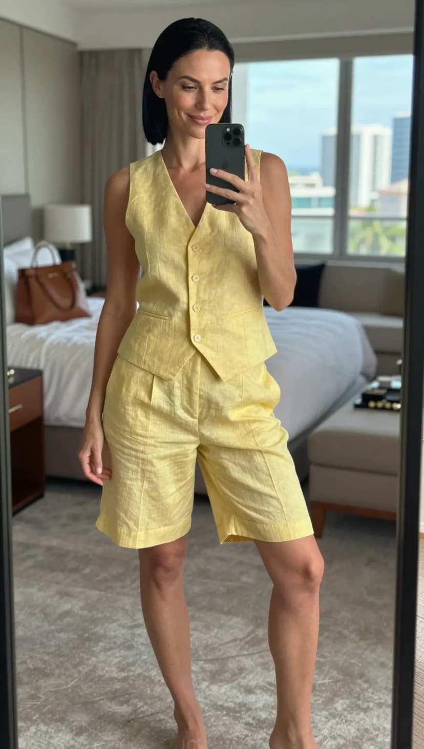 Yellow Linen Vest + Yellow Linen Bermuda Shorts