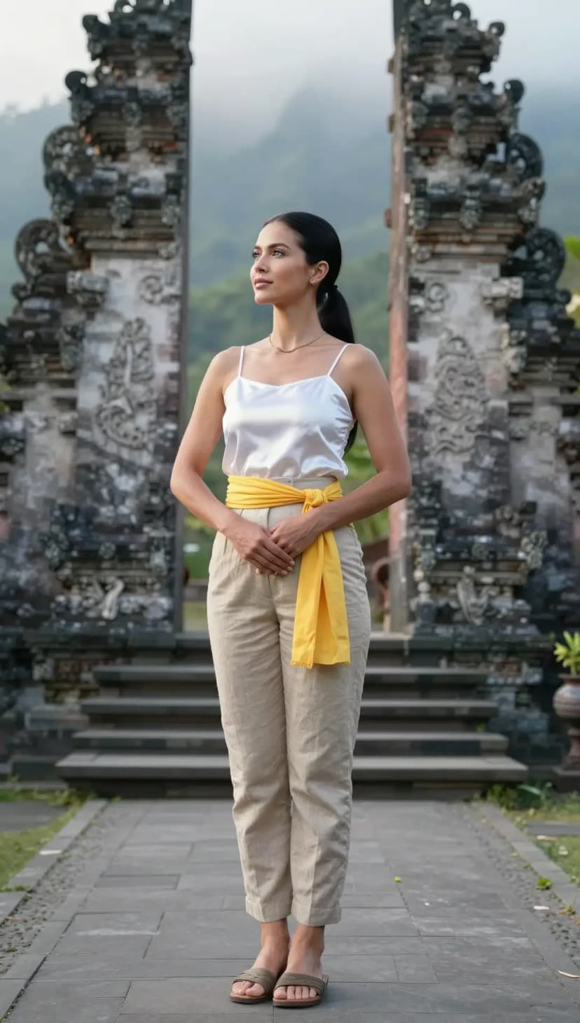 White Satin Camisole + Beige Linen Trousers + Yellow Silk Sash