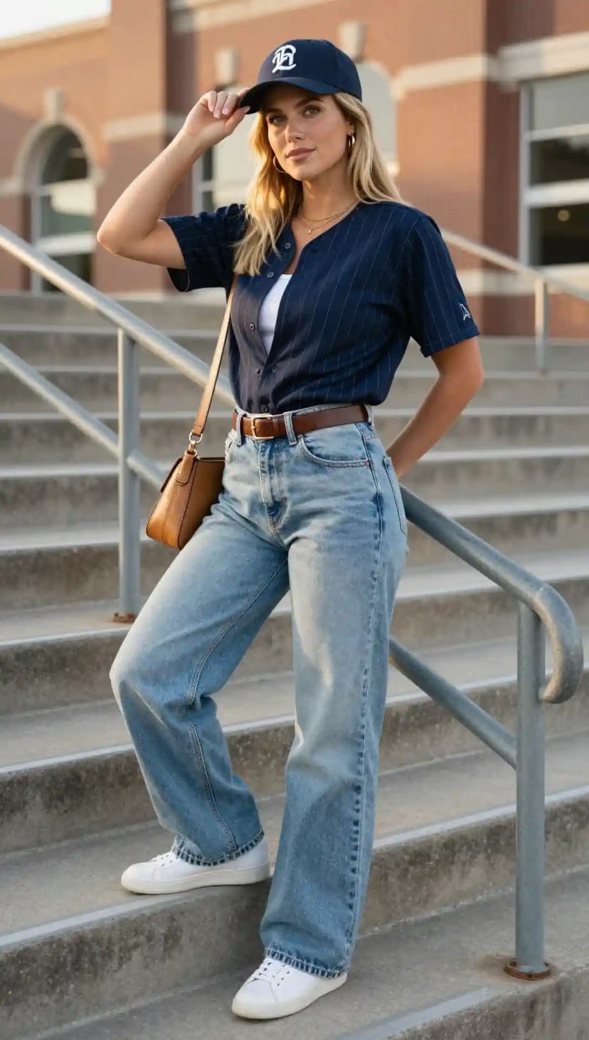 Navy Pinstripe Baseball Jersey + White Ribbed Tank Top + Light Wash Denim Jeans