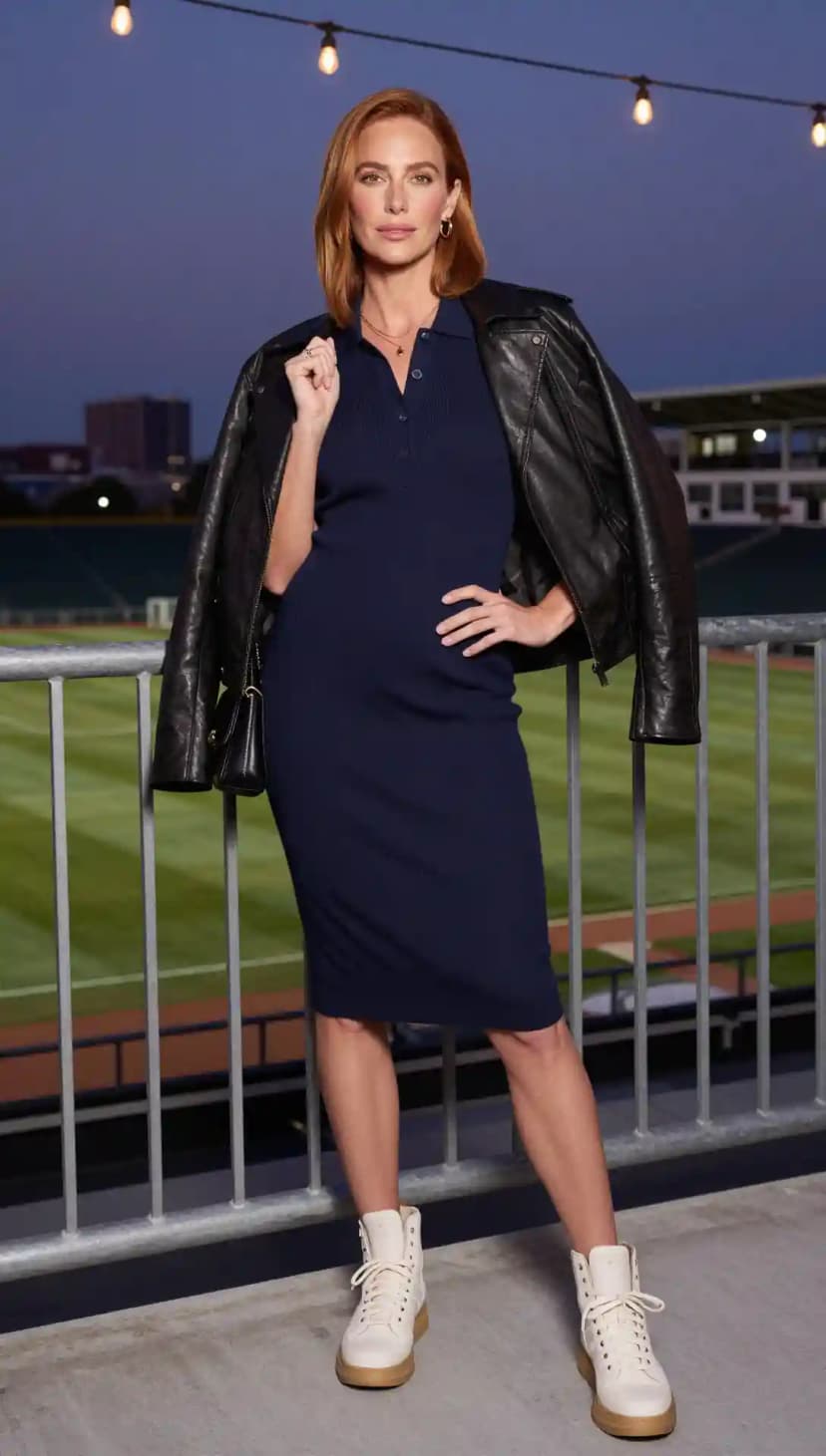 Navy Ribbed Knit Polo Dress + Black Leather Biker Jacket + White High-Top Sneakers