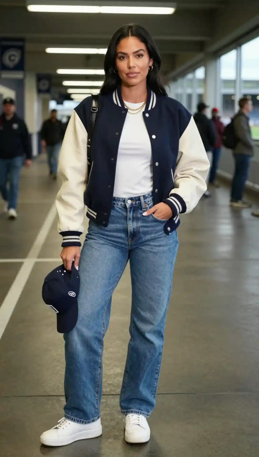 Navy and Cream Wool Bomber Jacket + White Cotton T-Shirt + Blue Denim Jeans