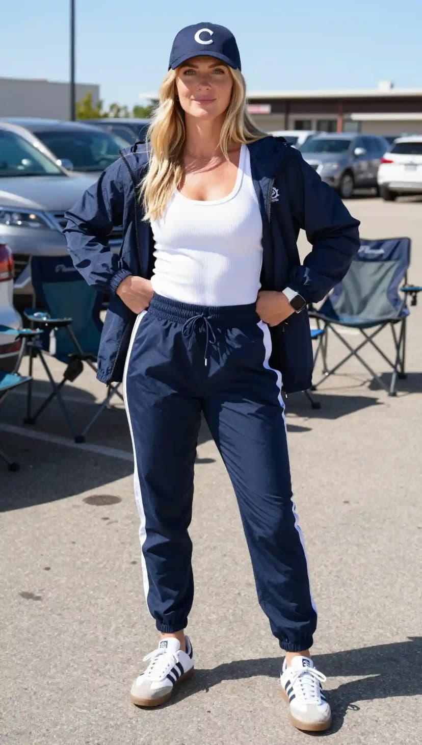 Navy Nylon Windbreaker + White Ribbed Tank Top + Navy Nylon Track Pants