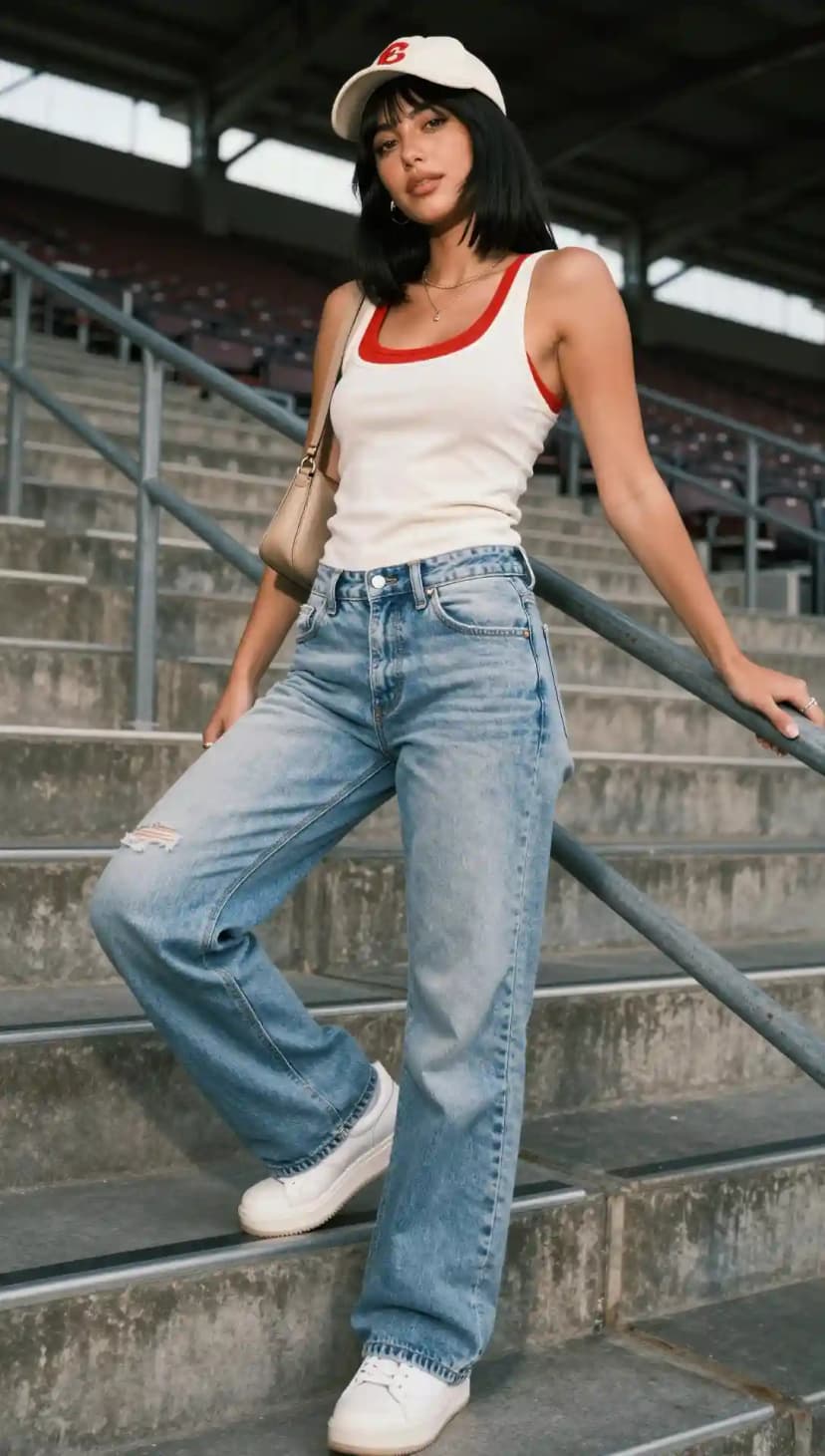 Cream Ribbed Tank Top + Light Wash Distressed Denim Jeans + White Leather Sneakers