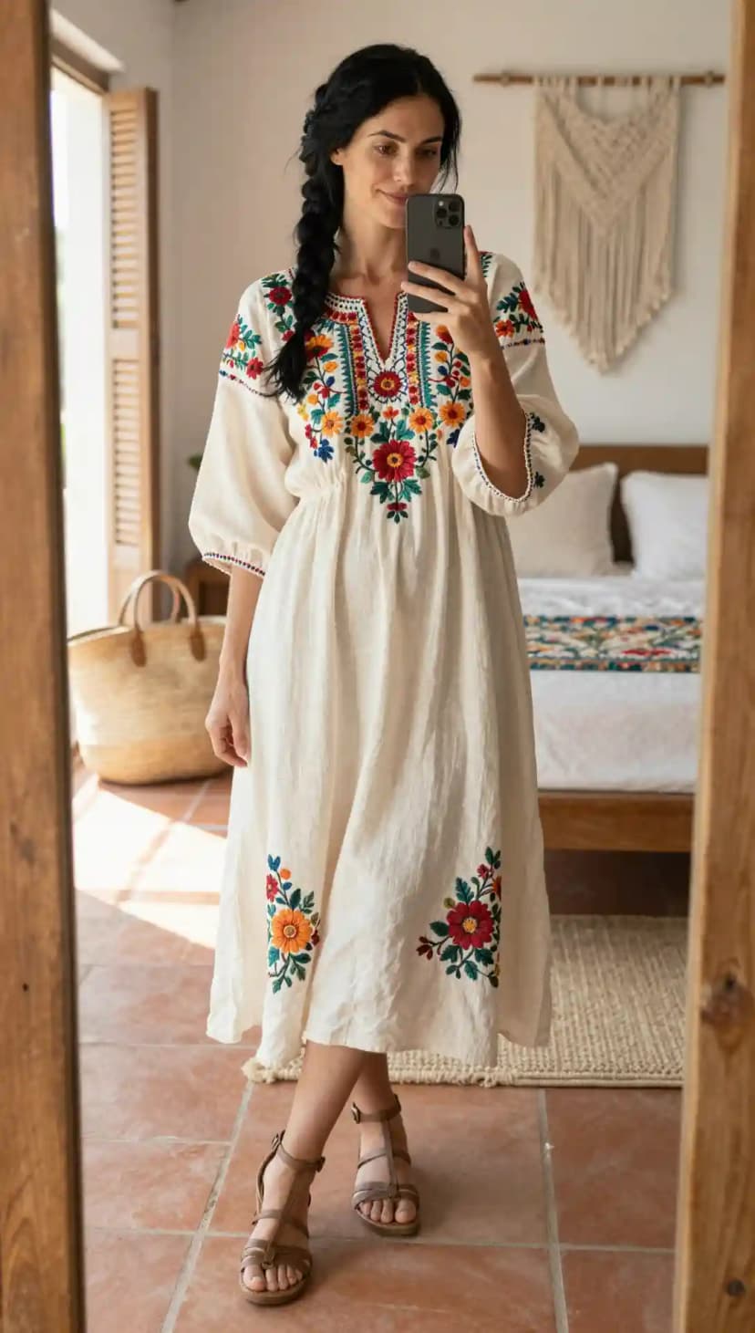 Cream Embroidered Cotton Midi Dress