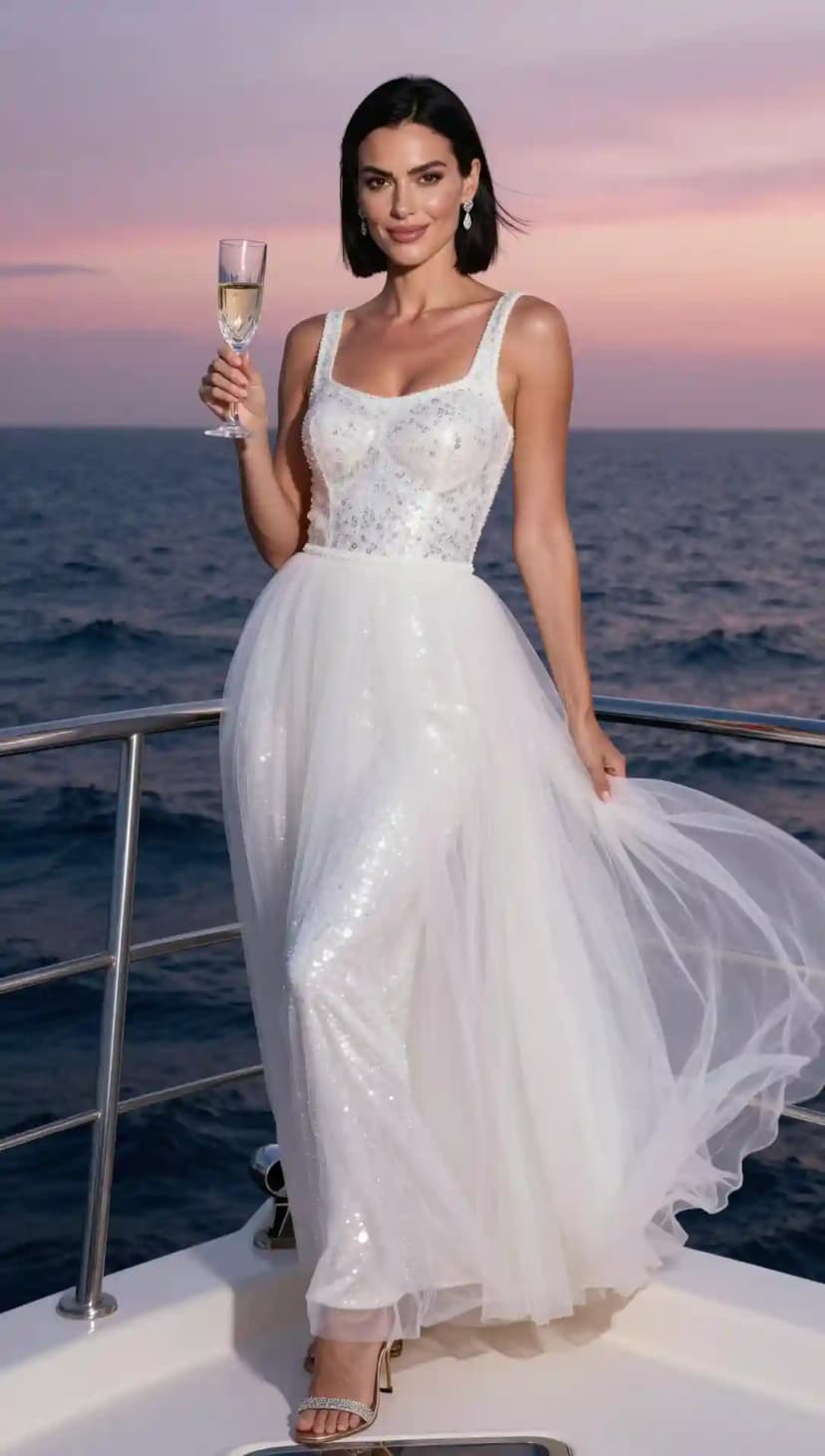 White Sequin Corset Top + White Tulle Skirt