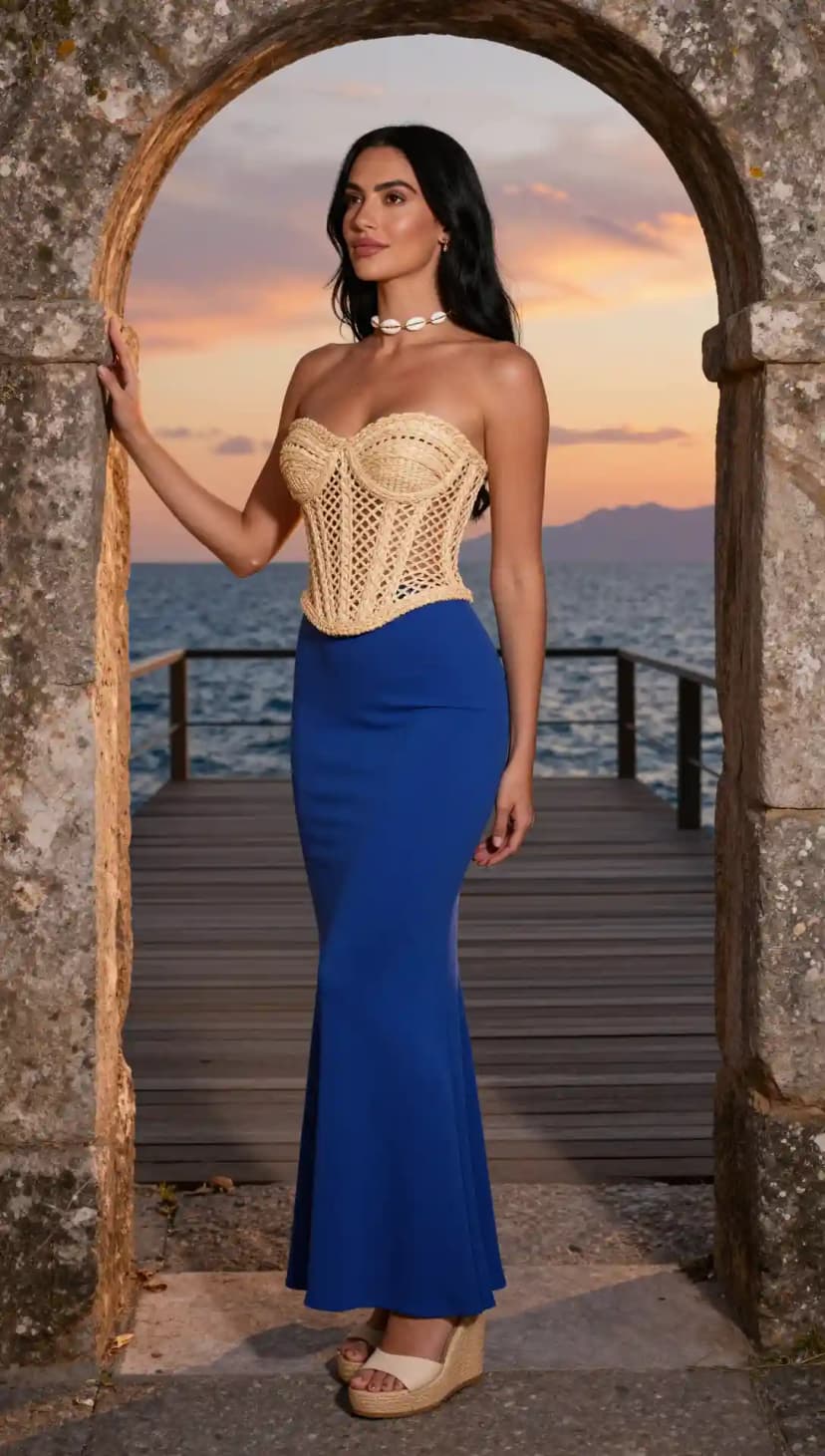 Woven Corset Top + Royal Blue Maxi Skirt + Shell Necklace