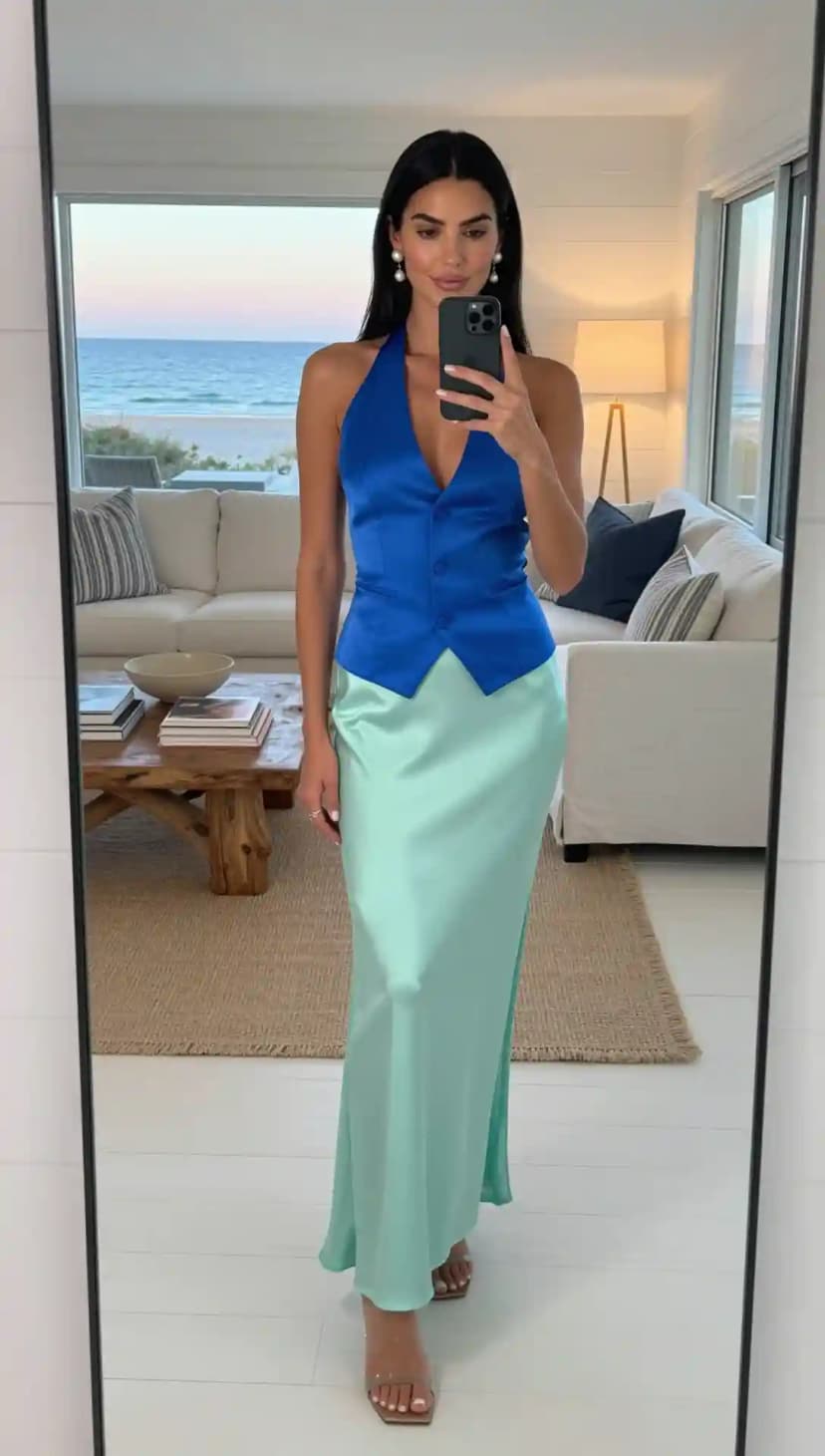 Royal Blue Vest + Mint Green Silk Skirt + Pearl Earrings