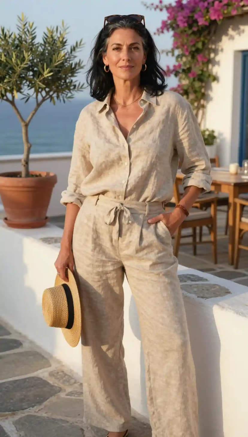 Beige Linen Button-Up Shirt + Beige Linen Wide-Leg Trousers