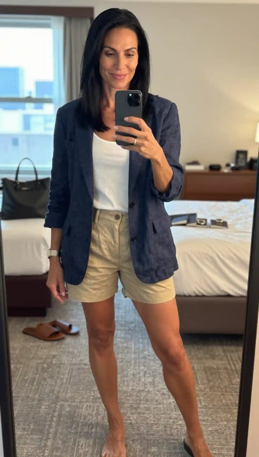 Navy Linen Blazer + White Cotton Tank Top + Khaki Cotton Shorts