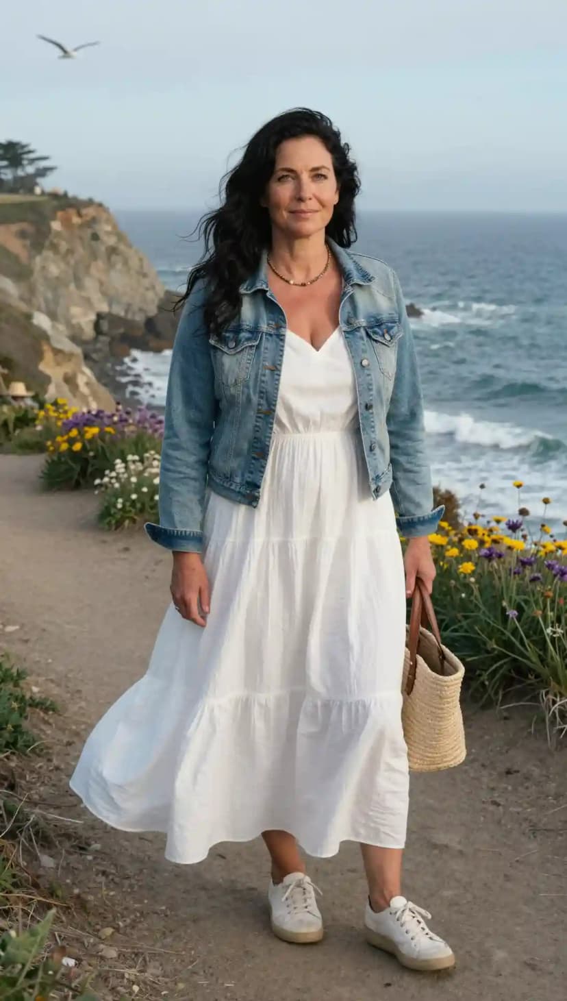 Blue Denim Jacket + White Cotton Tiered Dress + White Leather Sneakers
