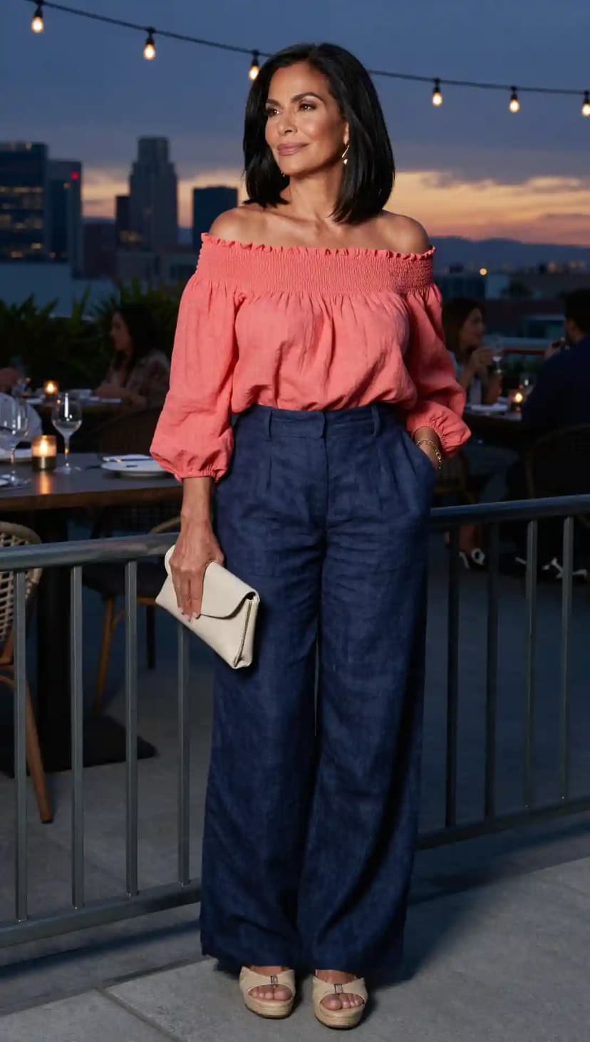 Coral Cotton Off-the-Shoulder Top + Navy Linen Wide-Leg Pants