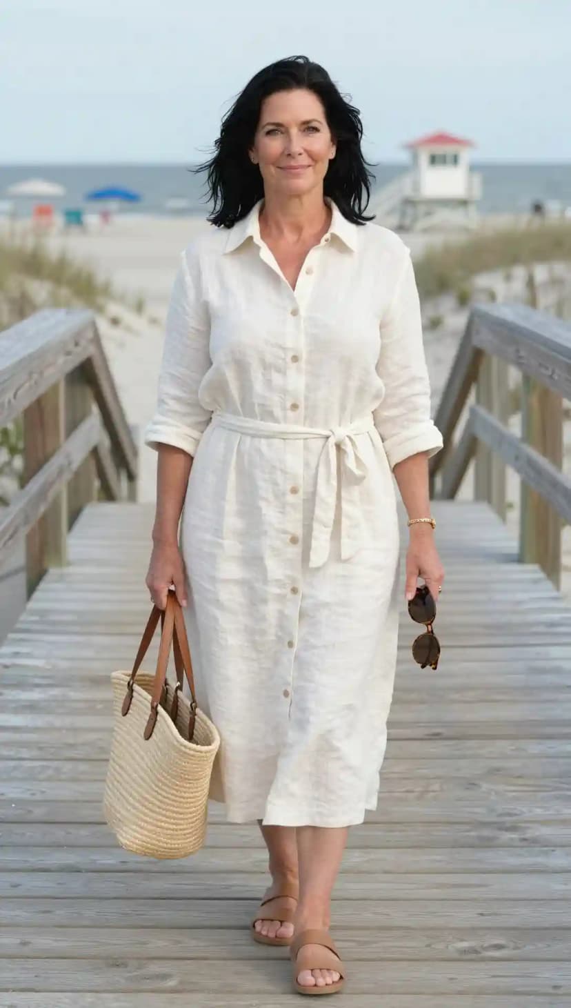 Cream Linen Shirt Dress + Brown Leather Slides