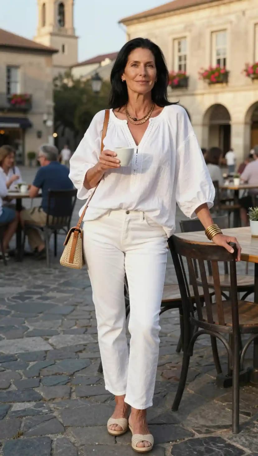 White Linen Blouse + White Denim Jeans + Beige Espadrille Flats